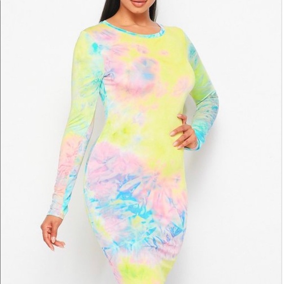J.ELISE BOUTIQUE MULTI COLOR NEON PASTEL Long Sleeve Tie Dye Midi Dress - Picture 5 of 7